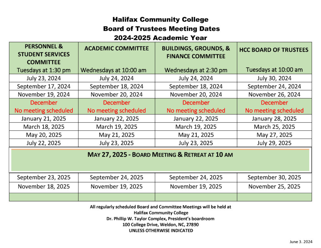 Halifax Community College Board of Trustees Meeting Dates 2024-2025 Academic Year