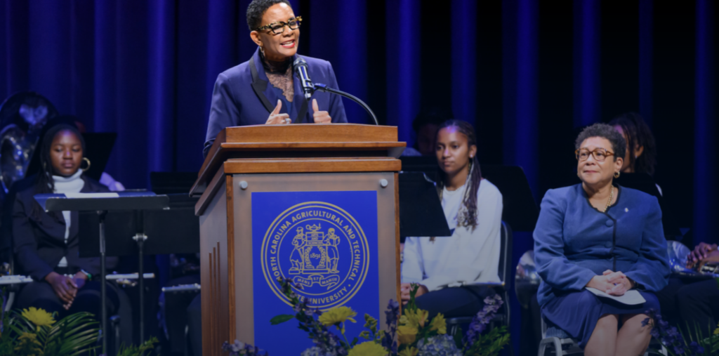 Halifax Community College President Patrena Benton Elliott '01, '08 delivers keynote remarks at Fall Convocation in Harrison Auditorium at NC A&T University.