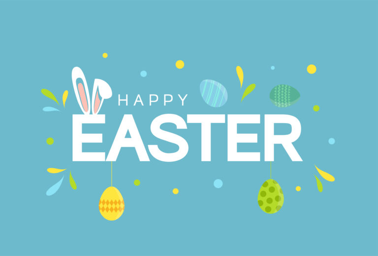 Easter colorful poster, background with eggs and bunny ears. Vector illustration