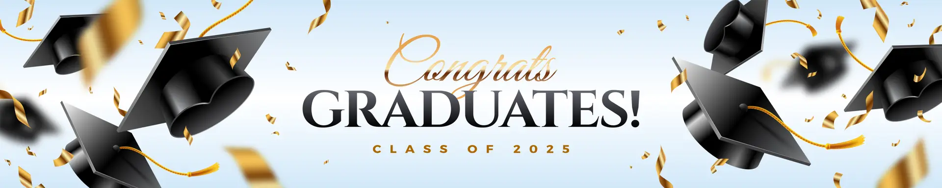 Banner with graduation caps or toga hats tossed up and golden foil confetti. Graduation party at the school, college or university. Congrats graduates. Horizontal vector illustration.