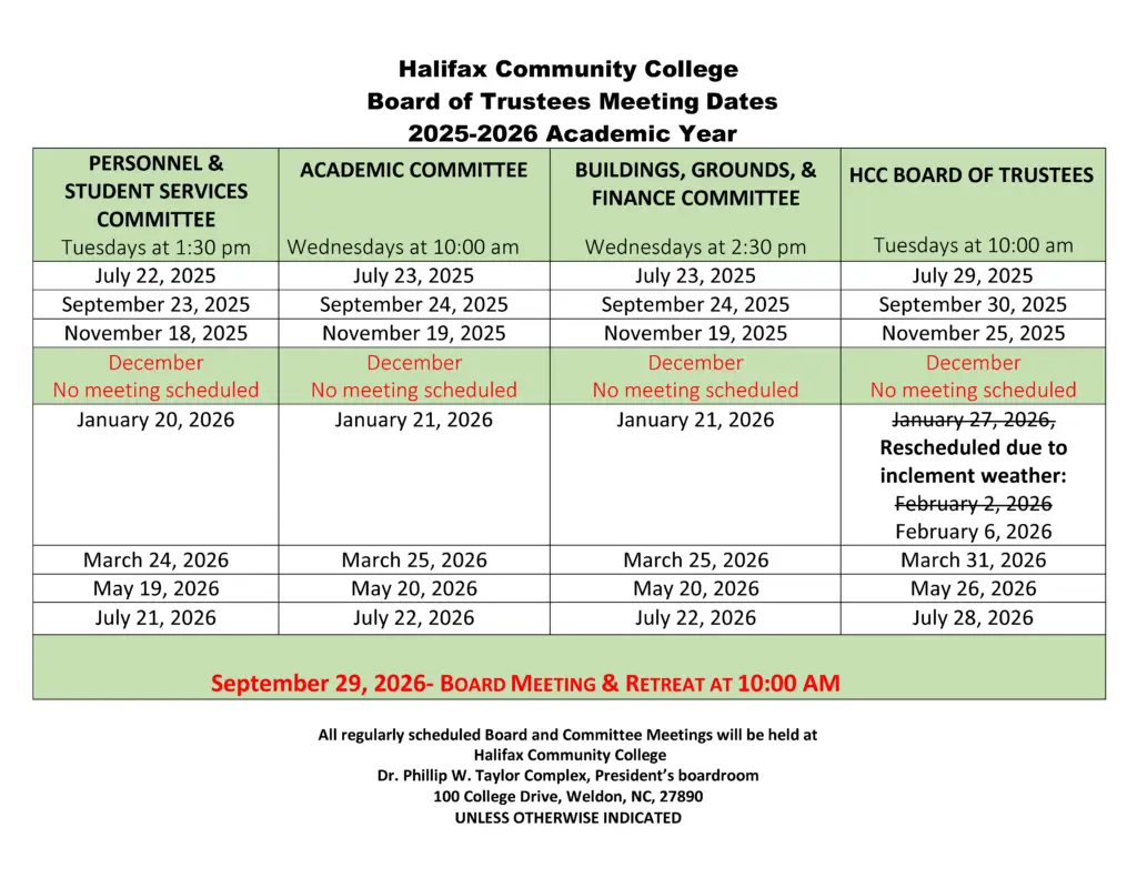 Halifax Community College Board of Trustees Meeting Dates 2025-2026 Academic Year page 1